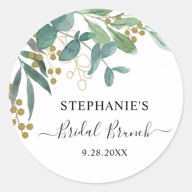 Eucalyptus Leaves Bridal Brunch Classic Round Sticker (Front)