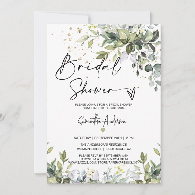 Eucalyptus Leaves Bridal Shower QR Code Photo Invitation (Front)