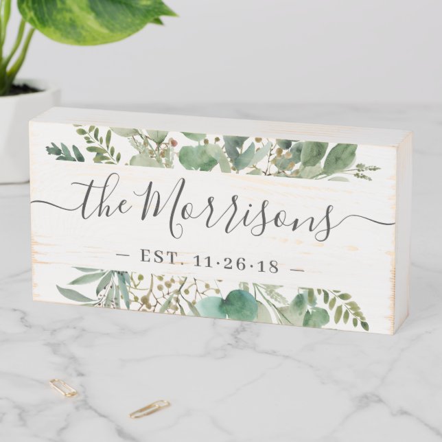 Eucalyptus Leaves Calligraphy Wedding Family Name Wooden Box Sign (In Situ Horizontal)