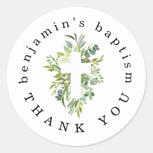 Eucalyptus Leaves Cross Name Thank You Baptism Classic Round Sticker