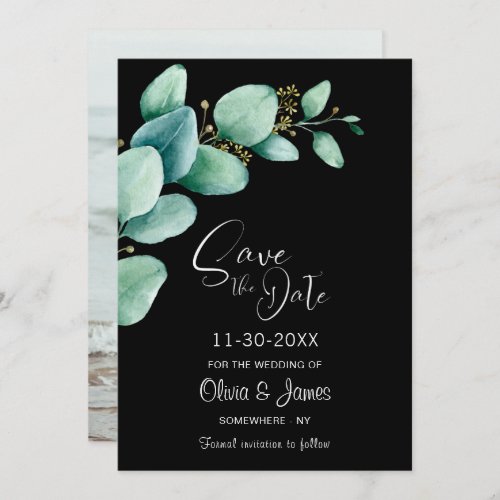 Eucalyptus Leaves Custom Photo Black Wedding Save The Date