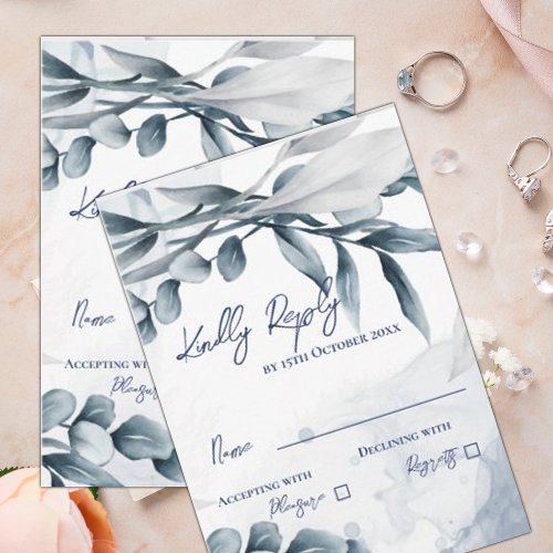 Eucalyptus Leaves Dusty Blue Elegant Wedding RSVP Card