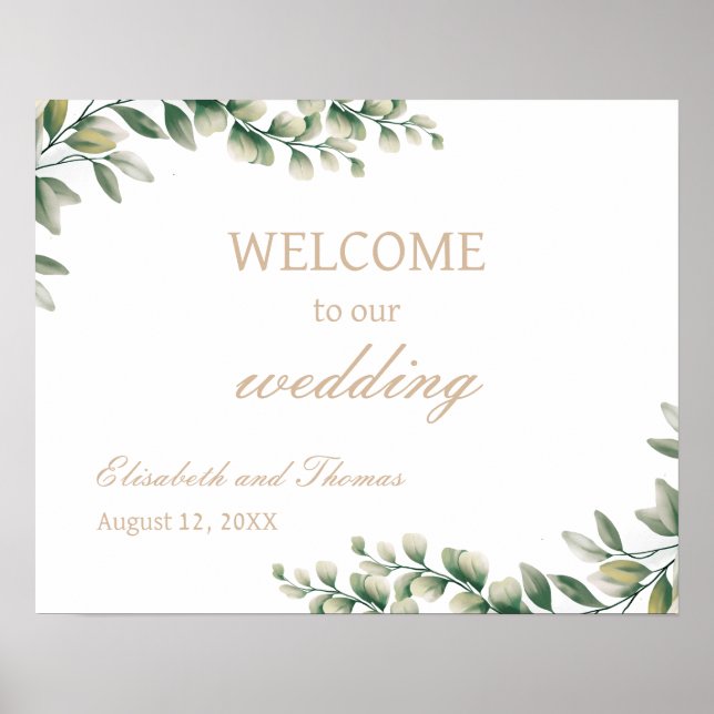 Eucalyptus Leaves Elegant Wedding Welcome Sign (Front)