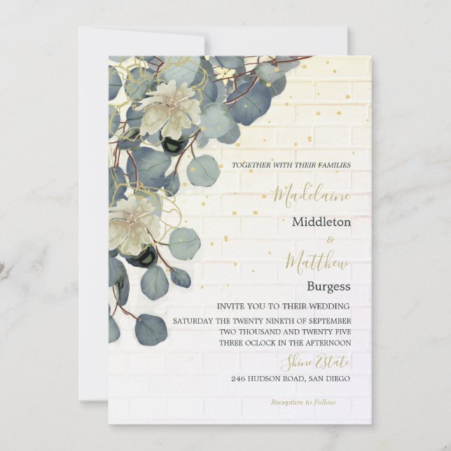 Eucalyptus Leaves Floral Brick Rustic Gold Wedding Invitation (Front)