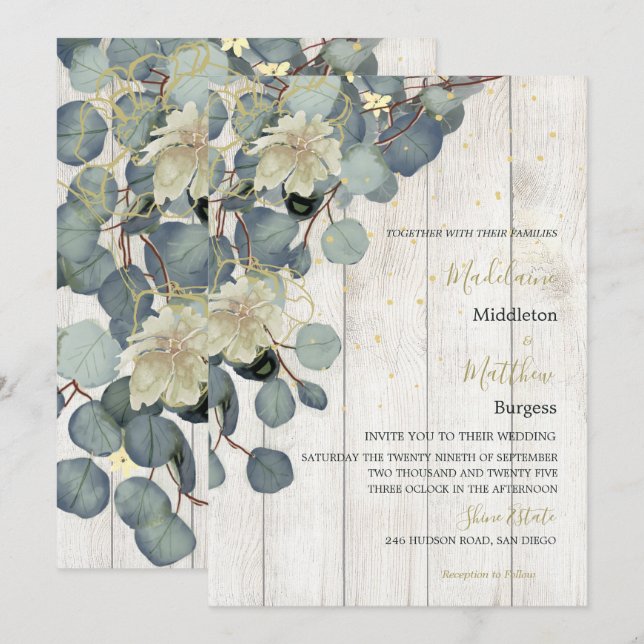 Eucalyptus Leaves Floral Rustic Wood Gold Wedding Invitation (Front/Back)