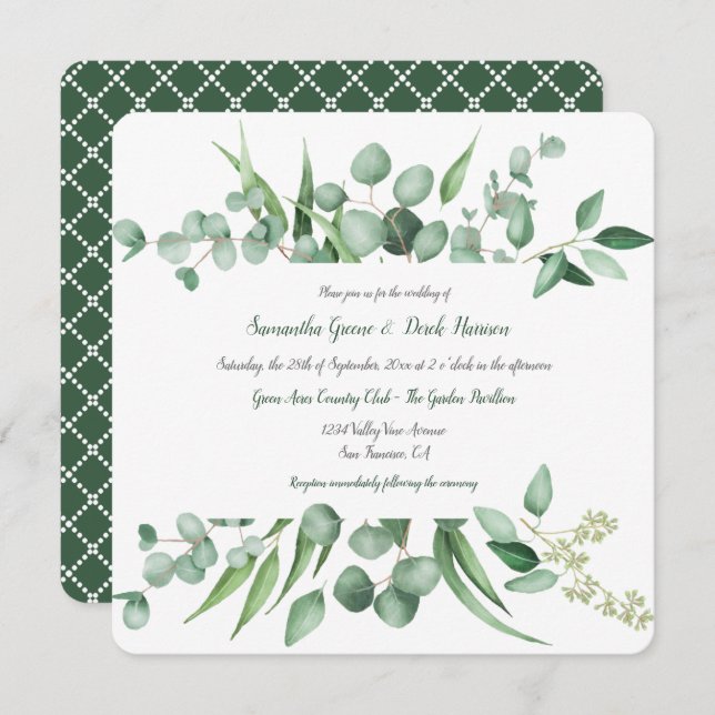 Eucalyptus Leaves Frame Lattice Square Invitations (Front/Back)