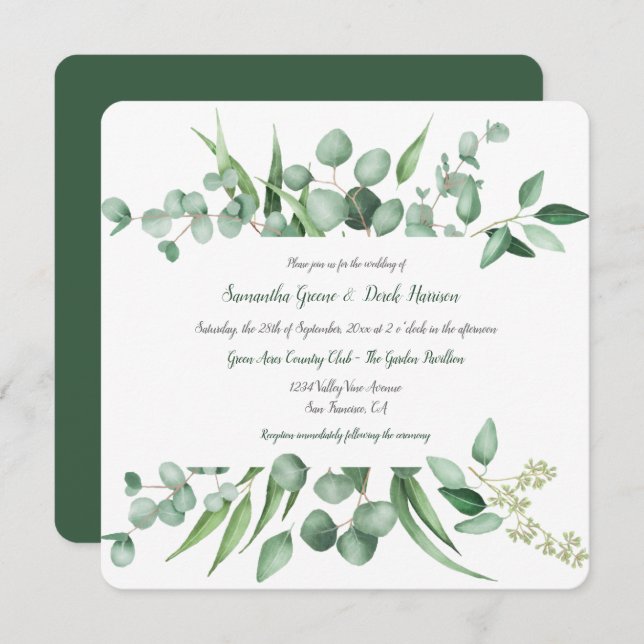 Eucalyptus Leaves Frame Square Invitations (Front/Back)