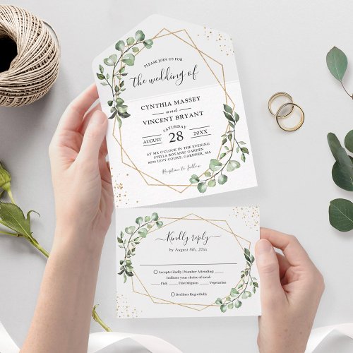 Eucalyptus Leaves Geometric Folded Wedding All In One Invitation