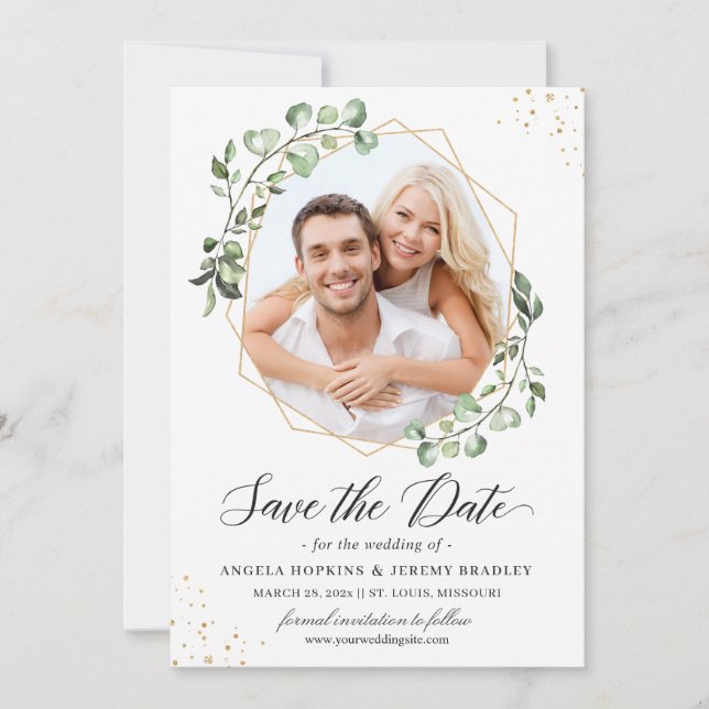 Eucalyptus Leaves Geometric Photo Save the Date Invitation (Front)