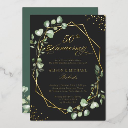 Eucalyptus Leaves Geometric Wedding Anniversary Foil Invitation