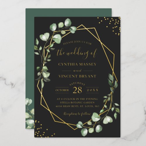 Eucalyptus Leaves Geometric Wedding Real Gold Foil Invitation