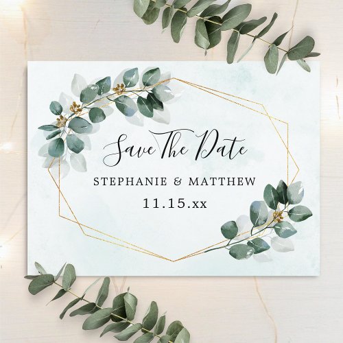 Eucalyptus Leaves Geometric Wedding Save The Date Announcement Postcard