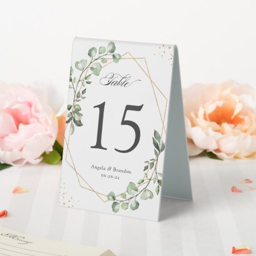 Eucalyptus Leaves Geometric Wedding Table Number Table Tent Sign