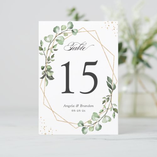 Eucalyptus Leaves Geometric Wedding Table Numbers - Eucalyptus Leaves Geometric Wedding Table Number Card. 
(1) Please customize this template one by one (e.g, from number 1 to xx) , and add each number card separately to your cart. 
(2) For further customization, please click the "customize further" link and use our design tool to modify this template. 
(3) If you need help or matching items, please contact me.