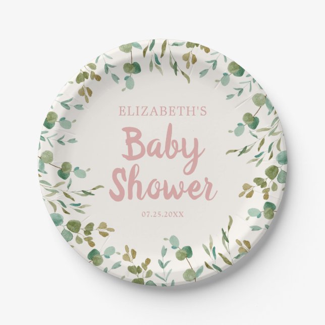 Eucalyptus Leaves Girl Baby Shower  Paper Plates (Front)