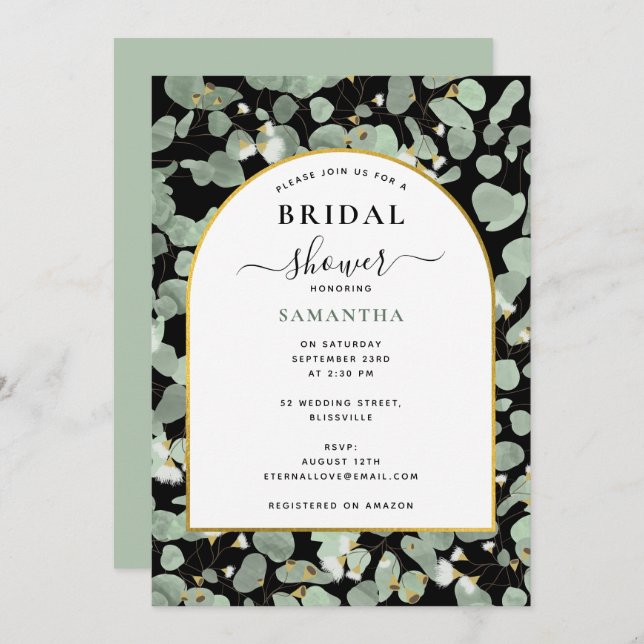 Eucalyptus Leaves Gold Black Boho Bridal Shower Invitation (Front/Back)