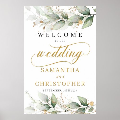 Eucalyptus leaves gold boho wedding welcome sign