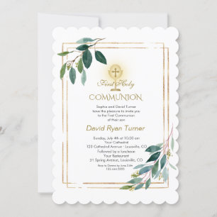 Eucalyptus Leaves Gold Cross Holy Communion Invitation