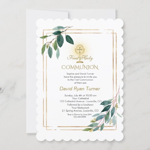 Eucalyptus Leaves Gold Cross Holy Communion Invitation