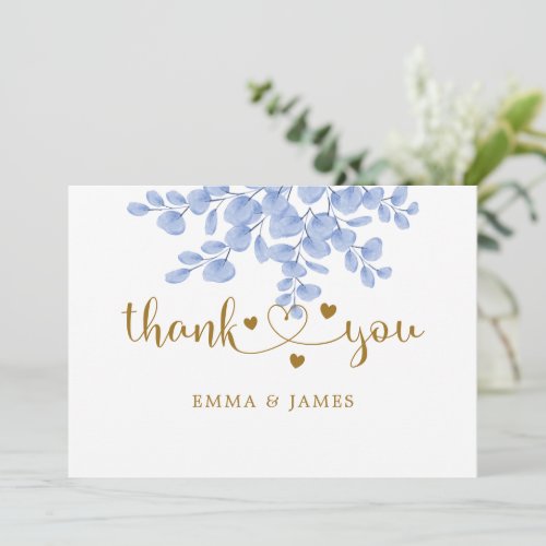 Eucalyptus Leaves Gold Dusty Blue Wedding Thank You Card