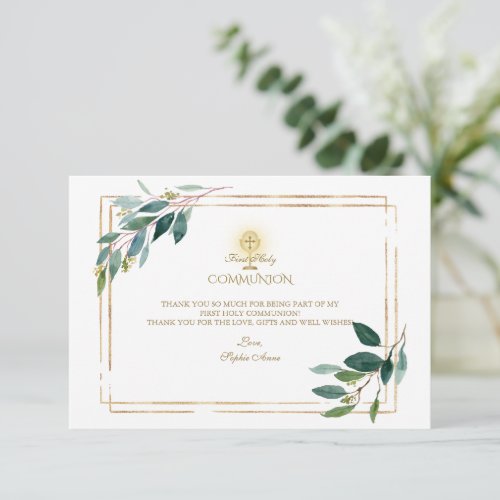 Eucalyptus Leaves Gold First Holy Communion  Thank You Card