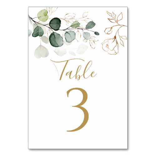 Eucalyptus Leaves Gold Floral Table Number