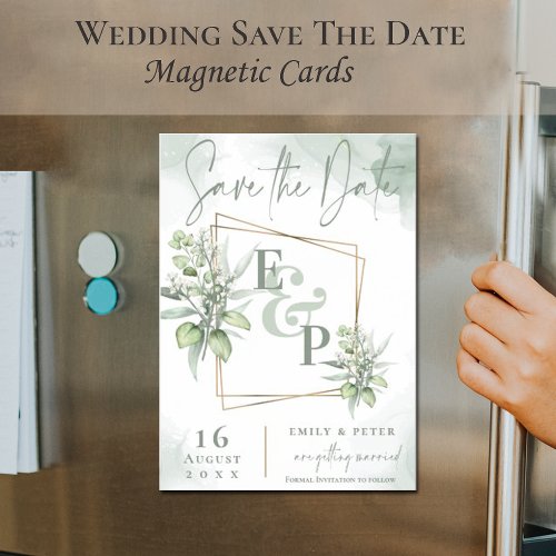 Eucalyptus Leaves Gold Frame Greenery Wedding Save Magnetic Invitation