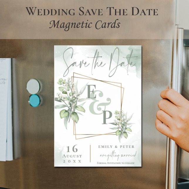 Eucalyptus Leaves Gold Frame Greenery Wedding Save Magnetic Invitation (Creator Uploaded)