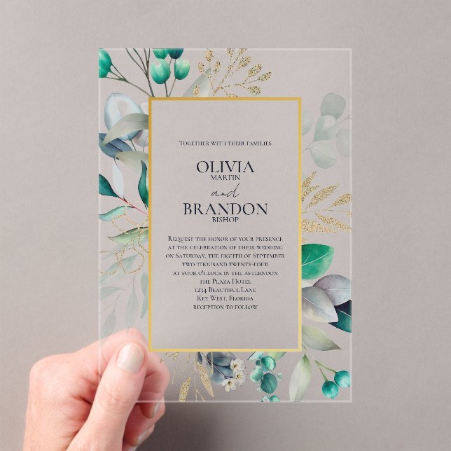 Eucalyptus Leaves & Gold Frame Watercolor Wedding Acrylic Invitations (Insitu (Handheld))