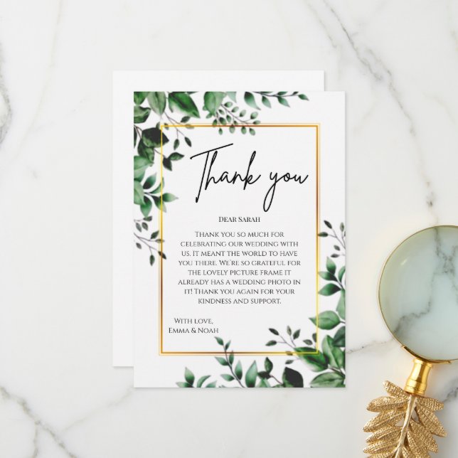 Eucalyptus Leaves Gold Frame Wedding Thank You Card (Front/Back In Situ)