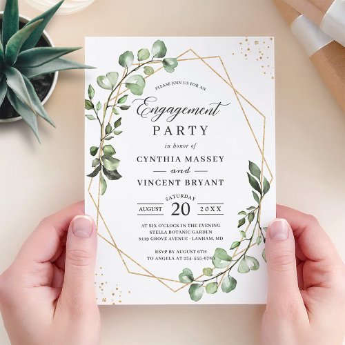 Eucalyptus Leaves Gold Geometric Engagement Party Invitation