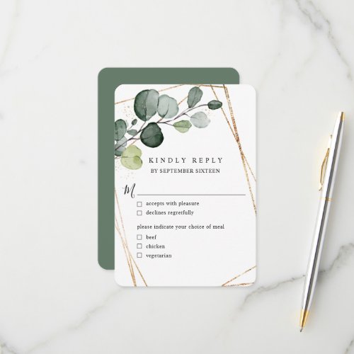 Eucalyptus Leaves Gold Geometric w Meal RSVP Card