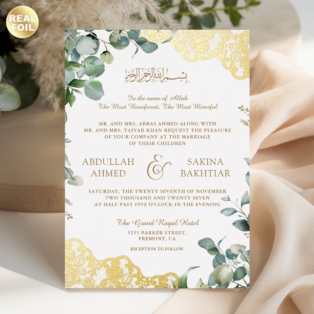 Eucalyptus Leaves Gold Lace QR Code Muslim Wedding Foil Invitation (Creator Uploaded)