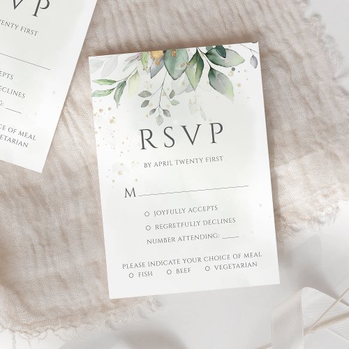 Eucalyptus Leaves Gold Meal Options Wedding RSVP Card