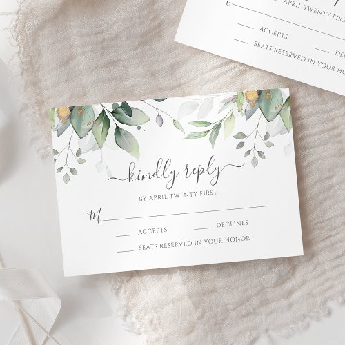 Eucalyptus Leaves Gold Meal Options Wedding RSVP Card