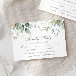 Eucalyptus Leaves Gold Meal Options Wedding RSVP Card