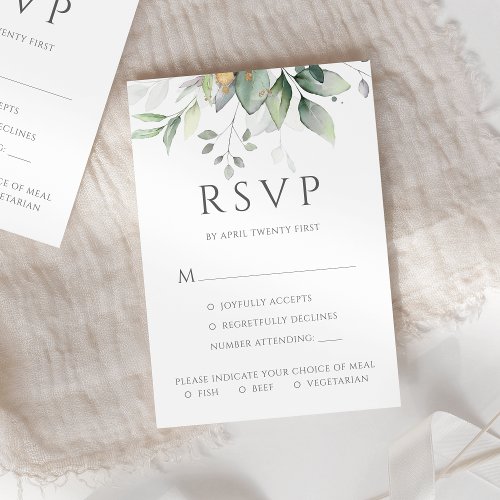 Eucalyptus Leaves Gold Meal Options Wedding RSVP Card