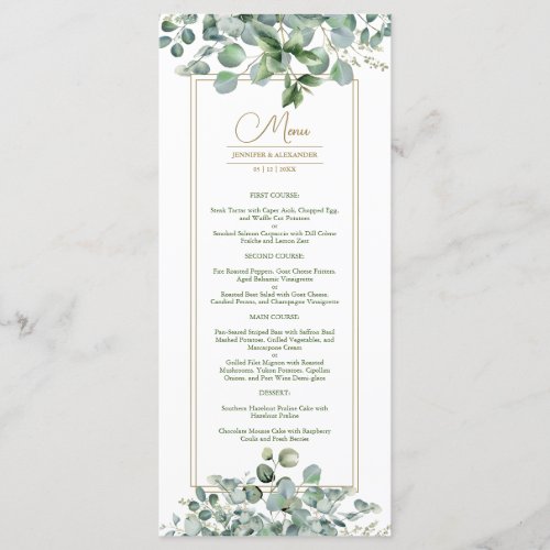 Eucalyptus Leaves Gold Sage Green Wedding Menu