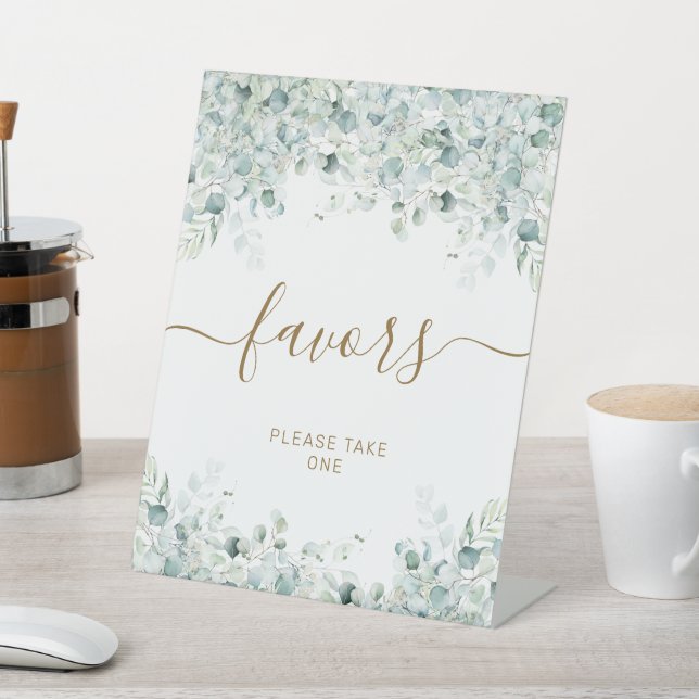 Eucalyptus Leaves & Gold Shower Favors Sign (In SItu)