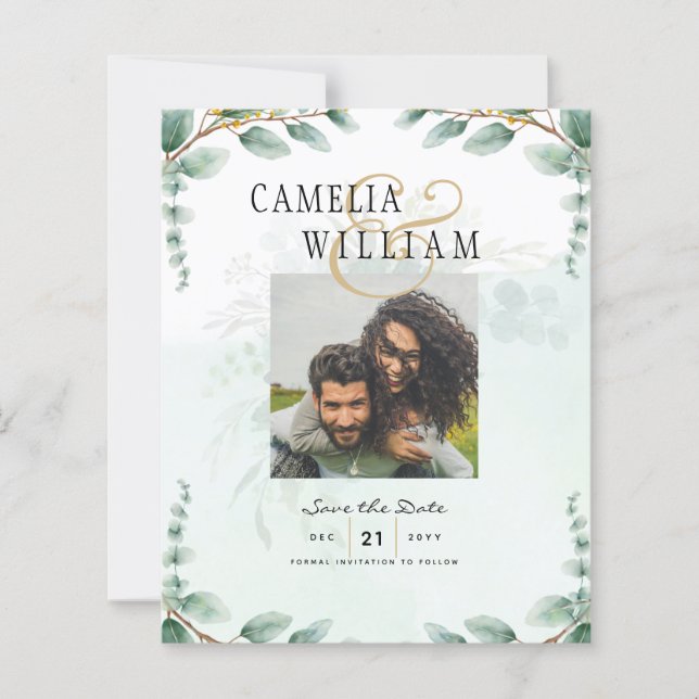 Eucalyptus Leaves GOLD WEDDING QR CODE BUDGET (Front)