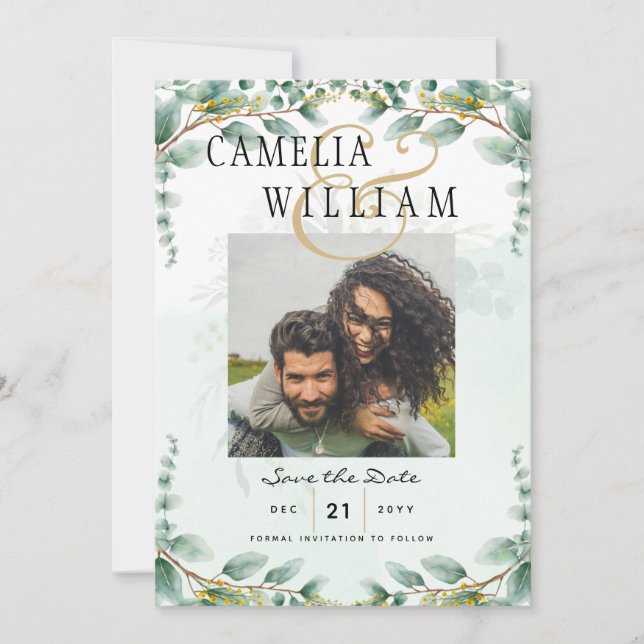 Eucalyptus Leaves GOLD WEDDING QR CODE BUDGET Invitation (Front)