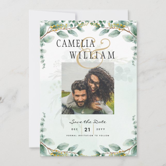 Eucalyptus Leaves GOLD WEDDING QR CODE BUDGET Invitation (Front)