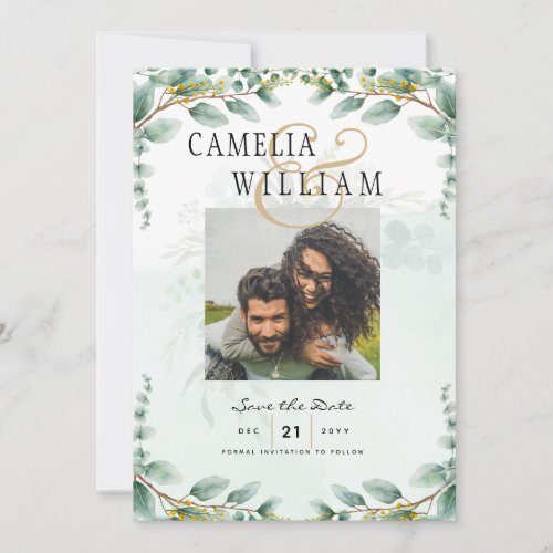 Eucalyptus Leaves GOLD WEDDING QR CODE BUDGET Invitation