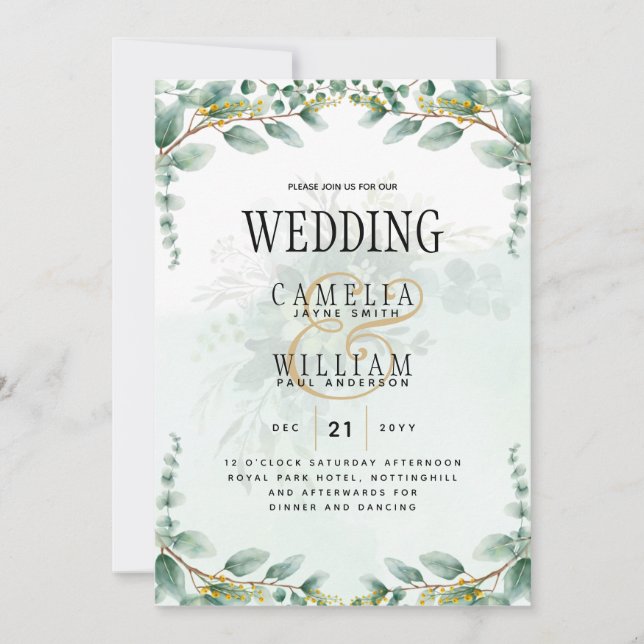 Eucalyptus Leaves GOLD WEDDING QR CODE BUDGET Invitation (Front)