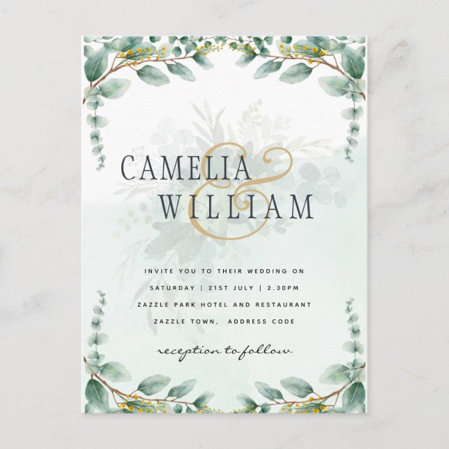 Eucalyptus Leaves GOLD WEDDING QR CODE BUDGET Postcard (Front)