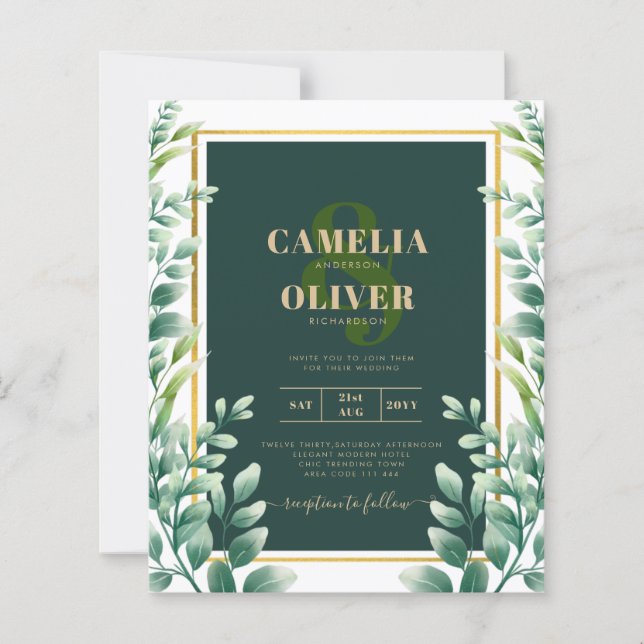 Eucalyptus Leaves GOLD WEDDING QR CODE INVITE RSVP (Front)
