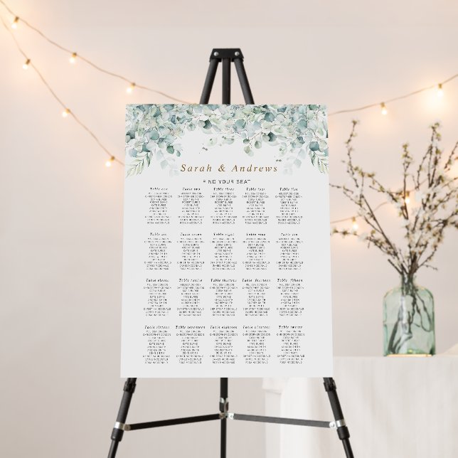 Eucalyptus Leaves & Gold  Wedding Seating Charts Foam Board (In Situ (Stand))