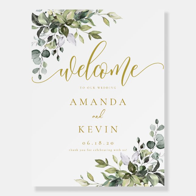 Eucalyptus Leaves Gold Welcome Sign Foam Board (Front)