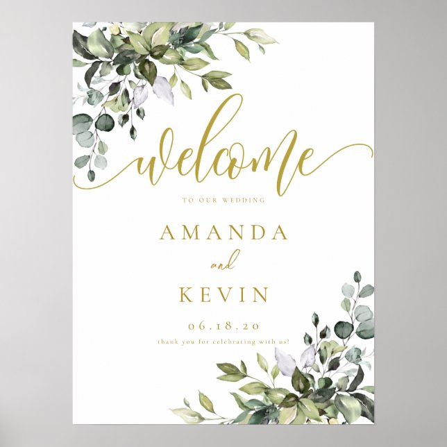 Eucalyptus Leaves Gold Welcome Wedding Sign  (Front)