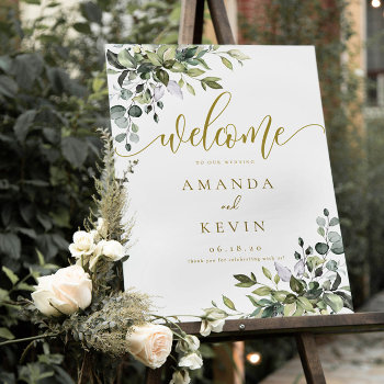 Eucalyptus Leaves Gold Welcome Wedding Sign by Precious_Presents at Zazzle